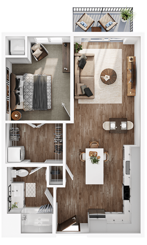 Floor plan for 1 bed, 1 bath, 715 sqft